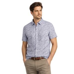 M&S Slim Fit Blue Floral Short Sleeve Button Front Shirt Large